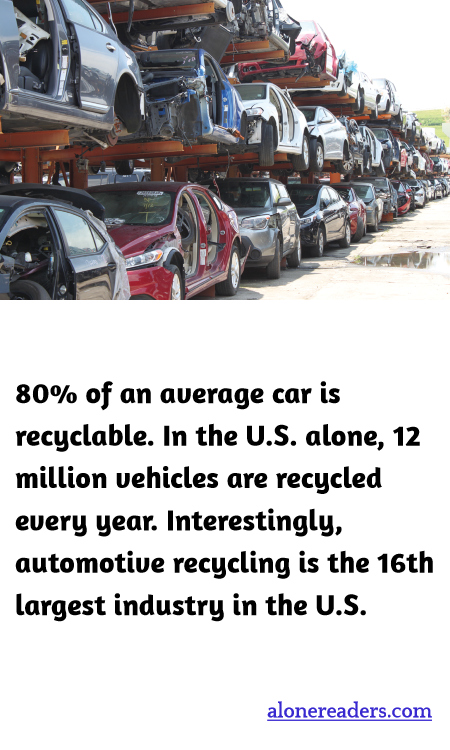 80% of an average car is recyclable. In the U.S. alone, 12 million vehicles are recycled every year. Interestingly, automotive recycling is the 16th largest industry in the U.S.