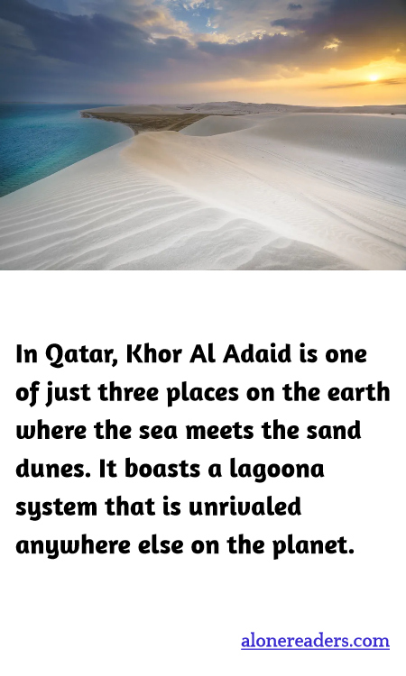 In Qatar, Khor Al Adaid is one of just three places on the earth where the sea meets the sand dunes. It boasts a lagoona system that is unrivaled anywhere else on the planet.