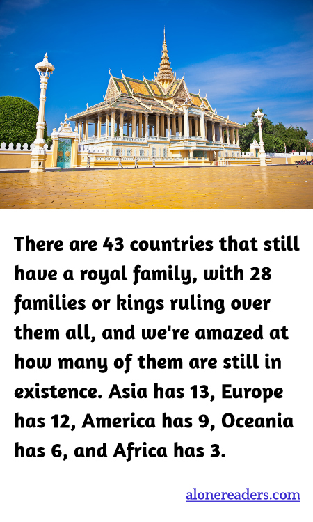 There are 43 countries that still have a royal family, with 28 families or kings ruling over them all, and we're amazed at how many of them are still in existence. Asia has 13, Europe has 12, America has 9, Oceania has 6, and Africa has 3.