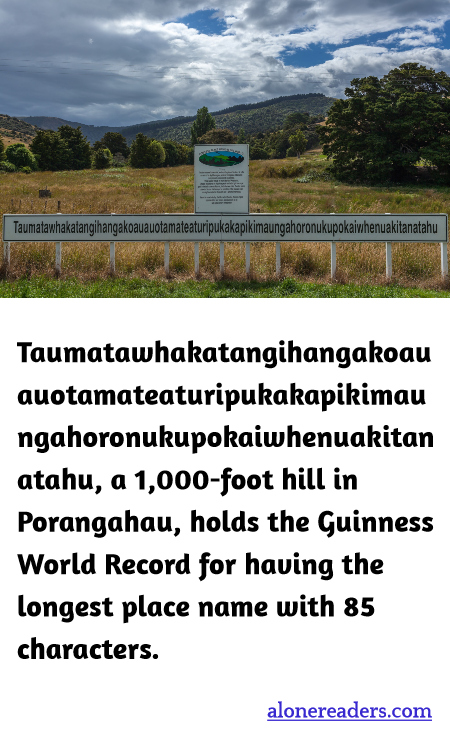 Taumatawhakatangihangakoauauotamateaturipukakapikimaungahoronukupokaiwhenuakitanatahu, a 1,000-foot hill in Porangahau, holds the Guinness World Record for having the longest place name with 85 characters.
