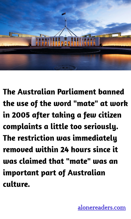 The Australian Parliament banned the use of the word "mate" at work in 2005 after taking a few citizen complaints a little too seriously. The restriction was immediately removed within 24 hours since it was claimed that "mate" was an important part of Australian culture.