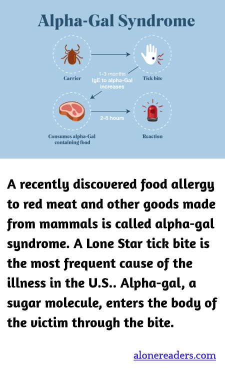A recently discovered food allergy to red meat and other goods made from mammals is called alpha-gal syndrome. A Lone Star tick bite is the most frequent cause of the illness in the U.S.. Alpha-gal, a sugar molecule, enters the body of the victim through the bite.