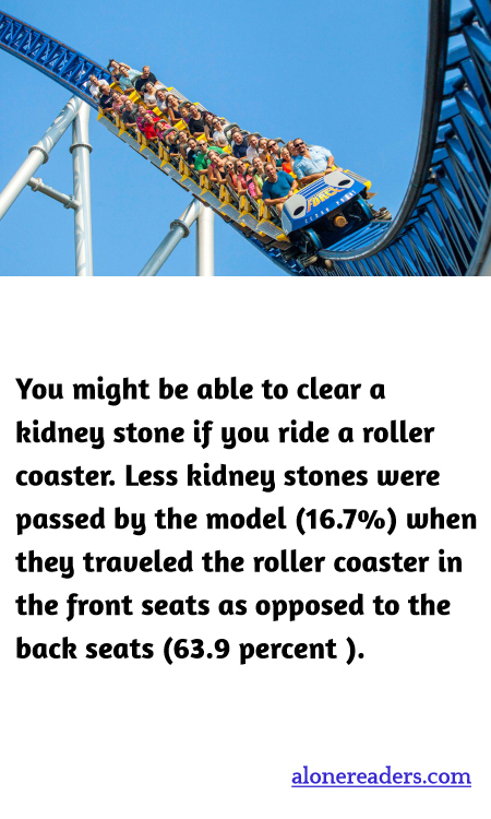 You might be able to clear a kidney stone if you ride a roller coaster. Less kidney stones were passed by the model (16.7%) when they traveled the roller coaster in the front seats as opposed to the back seats (63.9 percent ).