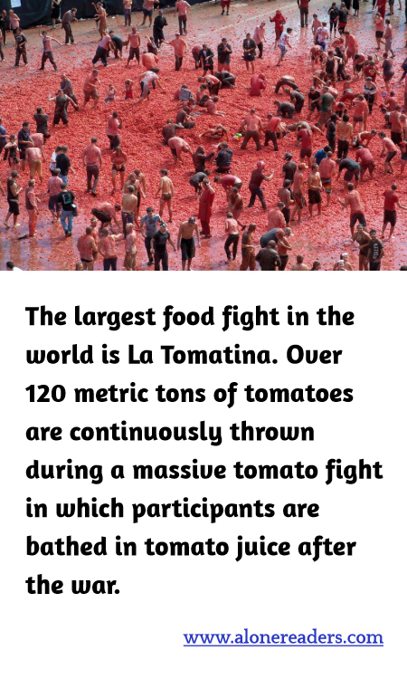 The largest food fight in the world is La Tomatina. Over 120 metric tons of tomatoes are continuously thrown during a massive tomato fight in which participants are bathed in tomato juice after the war.