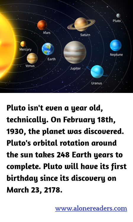 Pluto isn't even a year old, technically. On February 18th, 1930, the planet was discovered. Pluto's orbital rotation around the sun takes 248 Earth years to complete. Pluto will have its first birthday since its discovery on March 23, 2178.