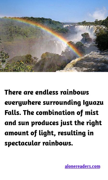 <p><span style="background-color:#ffffff; color:#000000; font-family:Roboto,RobotoDraft,Helvetica,Arial,sans-serif; font-size:13px">There are endless rainbows everywhere surrounding Iguazu Falls. The combination of mist and sun produces just the right amount of light, resulting in spectacular rainbows.</span></p>

