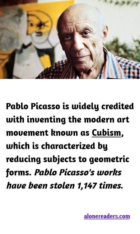 <p><span style="background-color:#ffffff; color:#000000; font-family:Roboto,RobotoDraft,Helvetica,Arial,sans-serif; font-size:13px">Pablo Picasso is widely credited with inventing the modern art movement known as Cubism, which is characterized by reducing subjects to geometric forms. Pablo Picasso&#39;s works have been stolen 1,147 times.</span></p>

