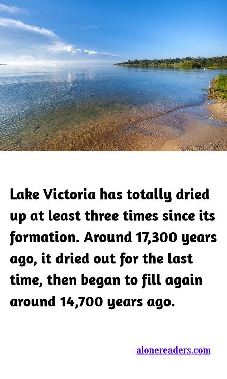 <p><span style="background-color:#ffffff; color:#000000; font-family:Roboto,RobotoDraft,Helvetica,Arial,sans-serif; font-size:13px">Lake Victoria has totally dried up at least three times since its formation. Around 17,300 years ago, it dried out for the last time, then began to fill again around 14,700 years ago.</span></p>

