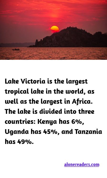 <p><span style="background-color:#ffffff; color:#000000; font-family:Roboto,RobotoDraft,Helvetica,Arial,sans-serif; font-size:13px">Lake Victoria is the largest tropical lake in the world, as well as the largest in Africa. The lake is divided into three countries: Kenya has 6%, Uganda has 45%, and Tanzania has 49%.</span></p>

