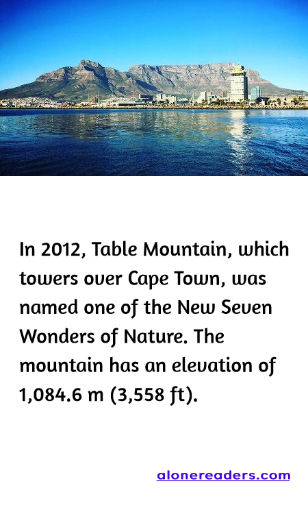 <p><span style="background-color:#ffffff; color:#000000; font-family:docs-Constantia; font-size:15px">In 2012, Table Mountain, which towers over Cape Town, was named one of the New Seven Wonders of Nature. The mountain has an elevation of 1,084.6 m (3,558 ft)&lrm;.</span></p>

