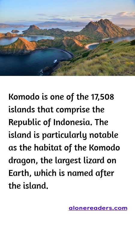 <p>Komodo is one of the 17,508 islands that comprise the Republic of Indonesia. The island is particularly notable as the habitat of the Komodo dragon, the largest lizard on Earth, which is named after the island.</p>
