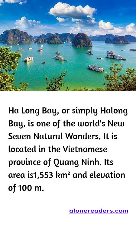<p><span style="background-color:#ffffff; color:#000000; font-family:Roboto,RobotoDraft,Helvetica,Arial,sans-serif; font-size:13px">Ha Long Bay, or simply Halong Bay, is one of the world&#39;s New Seven Natural Wonders. It is located in the Vietnamese province of Quang Ninh. Its area is1,553 km&sup2; and elevation of 100 m.</span></p>
