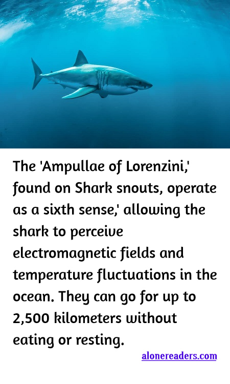 <p><span style="background-color:#ffffff; color:#000000; font-family:Roboto,RobotoDraft,Helvetica,Arial,sans-serif; font-size:13px">The &#39;Ampullae of Lorenzini,&#39; found on Shark snouts, operate as a sixth sense,&#39; allowing the shark to perceive electromagnetic fields and temperature fluctuations in the ocean. They can go for up to 2,500 kilometers without eating or resting.</span></p>
