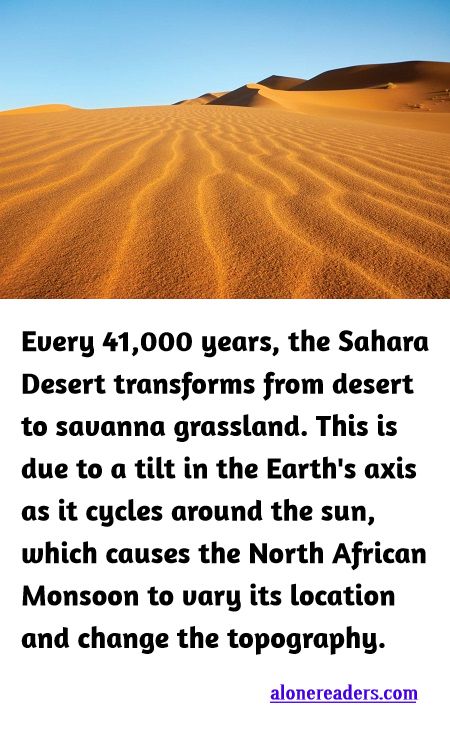 <p><span style="background-color:#ffffff; color:#000000; font-family:Roboto,RobotoDraft,Helvetica,Arial,sans-serif; font-size:13px">Every 41,000 years, the Sahara Desert transforms from desert to savanna grassland. This is due to a tilt in the Earth&#39;s axis as it cycles around the sun, which causes the North African Monsoon to vary its location and change the topography.</span></p>
