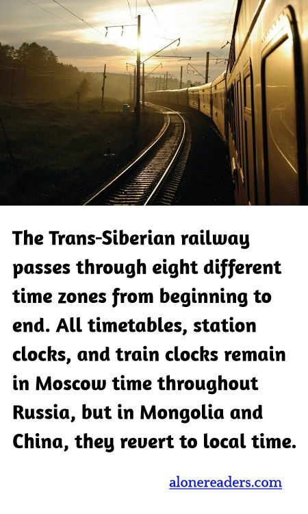 <p><span style="background-color:#ffffff; color:#000000; font-family:Roboto,RobotoDraft,Helvetica,Arial,sans-serif; font-size:13px">The Trans-Siberian railway passes through eight different time zones from beginning to end. All timetables, station clocks, and train clocks remain in Moscow time throughout Russia, but in Mongolia and China, they revert to local time.</span></p>
