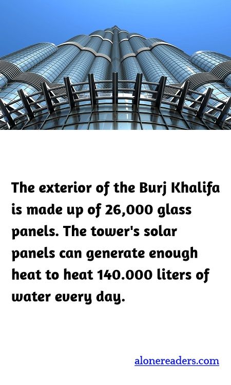 <p><span style="background-color:#ffffff; color:#000000; font-family:Roboto,RobotoDraft,Helvetica,Arial,sans-serif; font-size:13px">The exterior of the Burj Khalifa is made up of 26,000 glass panels. The tower&#39;s solar panels can generate enough heat to heat 140.000 liters of water every day.</span></p>
