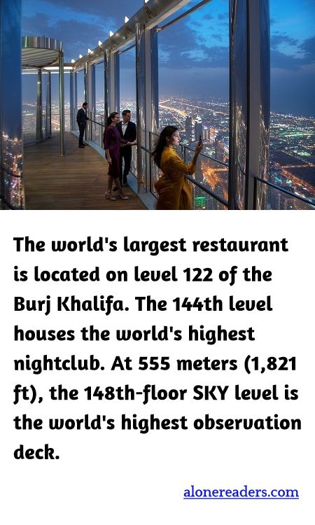<p><span style="background-color:#ffffff; color:#000000; font-family:Roboto,RobotoDraft,Helvetica,Arial,sans-serif; font-size:13px">The world&#39;s largest restaurant is located on level 122 of the Burj Khalifa. The 144th level houses the world&#39;s highest nightclub. At 555 meters (1,821 ft), the 148th-floor SKY level is the world&#39;s highest observation deck.</span></p>
