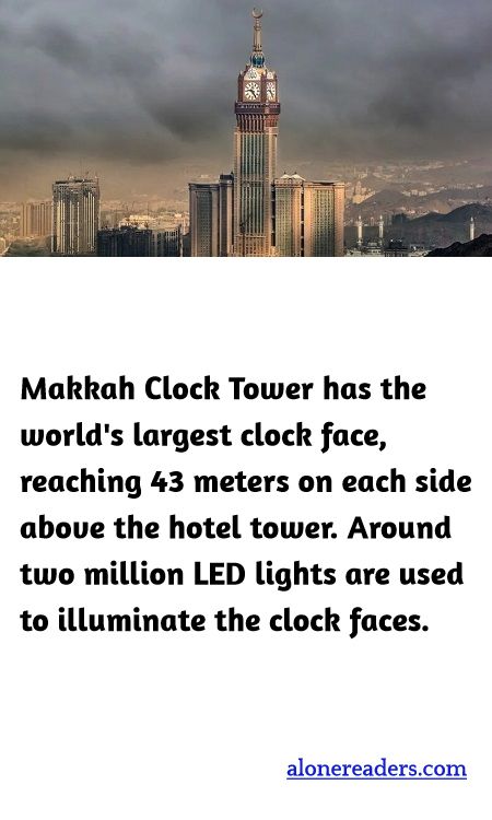 <p><span style="background-color:#ffffff; color:#000000; font-family:Roboto,RobotoDraft,Helvetica,Arial,sans-serif; font-size:13px">Makkah Clock Tower has the world&#39;s largest clock face, reaching 43 meters on each side above the hotel tower. Around two million LED lights are used to illuminate the clock faces.</span></p>
