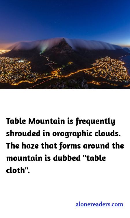 <p><span style="background-color:#ffffff; color:#000000; font-family:Roboto,RobotoDraft,Helvetica,Arial,sans-serif; font-size:13px">Table Mountain is frequently shrouded in orographic clouds. The haze that forms around the mountain is dubbed &quot;table cloth&quot;.</span></p>
