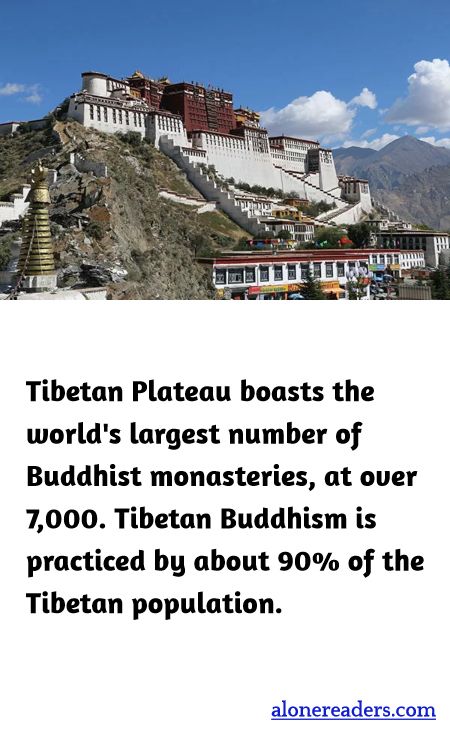 Tibetan Plateau boasts the world's largest number of Buddhist monasteries, at over 7,000. Tibetan Buddhism is practiced by about 90% of the Tibetan population.