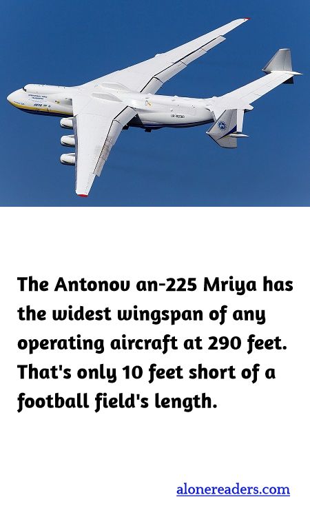 The Antonov an-225 Mriya has the widest wingspan of any operating aircraft at 290 feet. That's only 10 feet short of a football field's length.