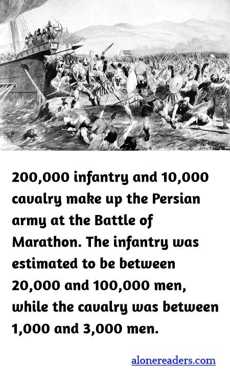200,000 infantry and 10,000 cavalry make up the Persian army at the Battle of Marathon. The infantry was estimated to be between 20,000 and 100,000 men, while the cavalry was between 1,000 and 3,000 men.