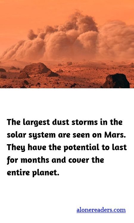 The largest dust storms in the solar system are seen on Mars. They have the potential to last for months and cover the entire planet.