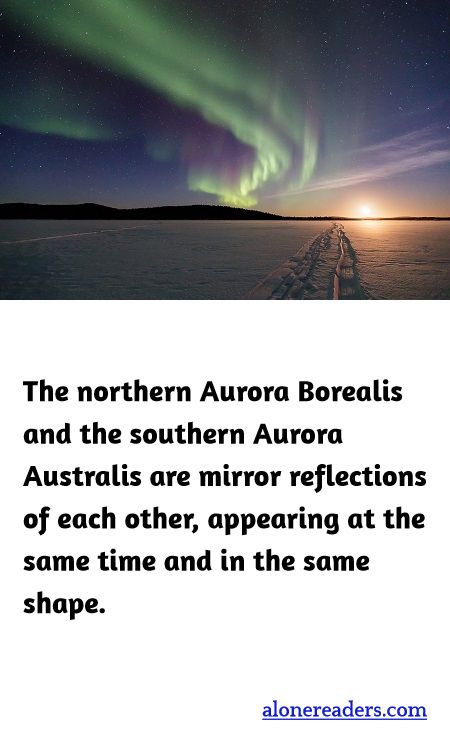 The northern Aurora Borealis and the southern Aurora Australis are mirror reflections of each other, appearing at the same time and in the same shape.