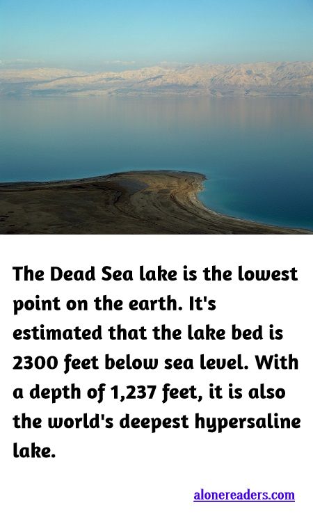 <p><span style="background-color:#ffffff; color:#000000; font-family:docs-Constantia; font-size:15px">The Dead Sea lake is the lowest point on the earth. It&#39;s estimated that the lake bed is 2300 feet below sea level. With a depth of 1,237 feet, it is also the world&#39;s deepest hypersaline lake.</span></p>

