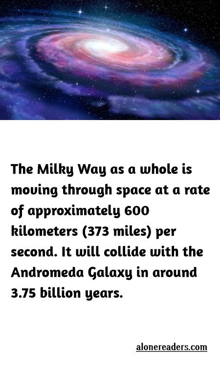 <p>The Milky Way as a whole is moving through space at a rate of approximately 600 kilometers (373 miles) per second. It will collide with the Andromeda Galaxy in around 3.75 billion years.</p>
