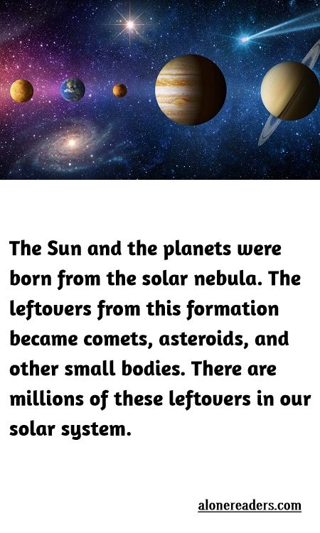 <p>The Sun and the planets were born from the solar nebula. The leftovers from this formation became comets, asteroids, and other small bodies. There are millions of these leftovers in our solar system.</p>
