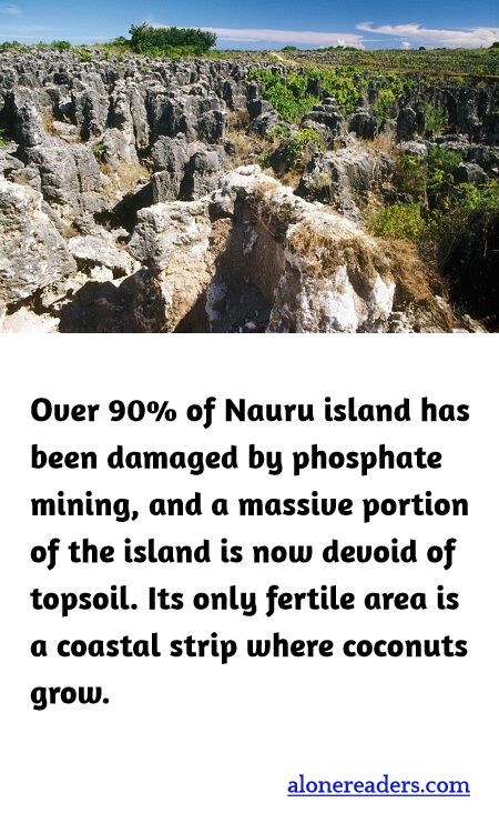 Over 90% of Nauru island has been damaged by phosphate mining, and a massive portion of the island is now devoid of topsoil. Its only fertile area is a coastal strip where coconuts grow.