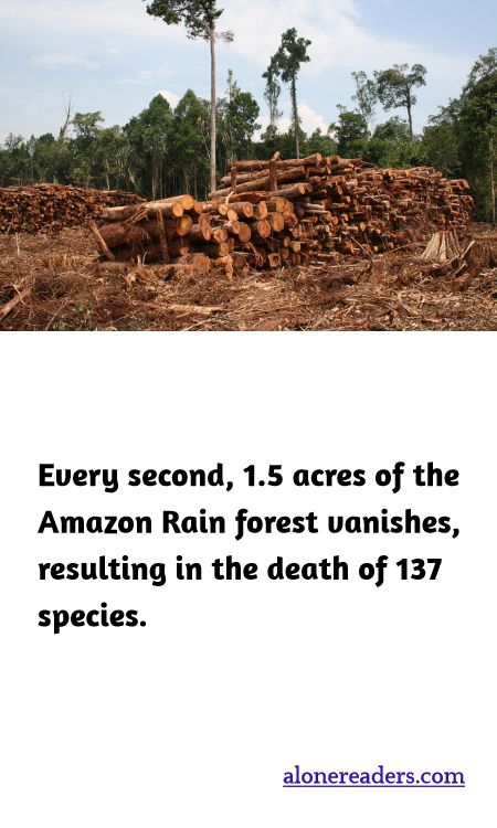 Every second, 1.5 acres of the Amazon Rain forest vanishes, resulting in the death of 137 species. The Amazon alone is responsible for 30% of world carbon emissions.