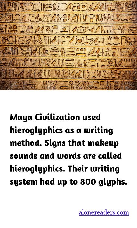 Maya Civilization used hieroglyphics as a writing method. Signs that makeup sounds and words are called hieroglyphics. Their writing system had up to 800 glyphs.