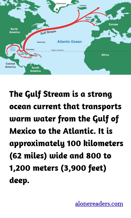 The Gulf Stream is a strong ocean current that transports warm water from the Gulf of Mexico to the Atlantic. It is approximately 100 kilometers (62 miles) wide and 800 to 1,200 meters (3,900 feet) deep.