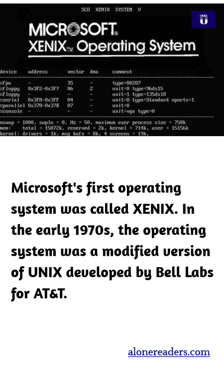 Microsoft's first operating system was called XENIX. In the early 1970s, the operating system was a modified version of UNIX developed by Bell Labs for AT&T.