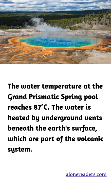 The water temperature at the Grand Prismatic Spring pool reaches 87°C. The water is heated by underground vents beneath the earth's surface, which are part of the volcanic system.