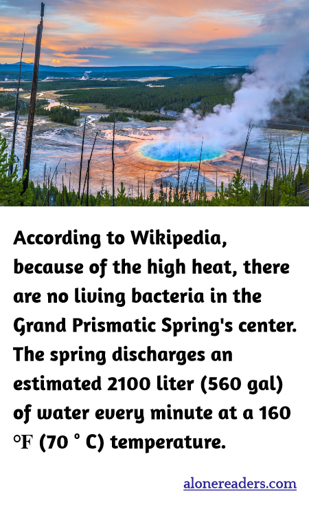 According to Wikipedia, because of the high heat, there are no living bacteria in the Grand Prismatic Spring's center. The spring discharges an estimated 2100 liter (560 gal) of water every minute at a 160 ? (70 ° C) temperature.
