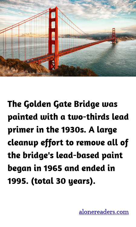 The Golden Gate Bridge was painted with a two-thirds lead primer in the 1930s. A large cleanup effort to remove all of the bridge's lead-based paint began in 1965 and ended in 1995. (total 30 years).