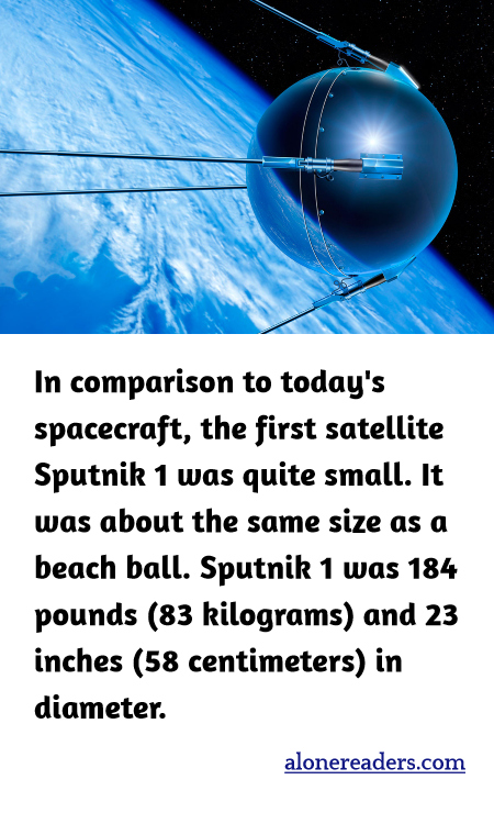 In comparison to today's spacecraft, the first satellite Sputnik 1 was quite small. It was about the same size as a beach ball. Sputnik 1 was 184 pounds (83 kilograms) and 23 inches (58 centimeters) in diameter.