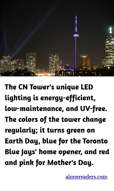 The CN Tower's unique LED lighting is energy-efficient, low-maintenance, and UV-free. The colors of the tower change regularly; it turns green on Earth Day, blue for the Toronto Blue Jays' home opener, and red and pink for Mother's Day.