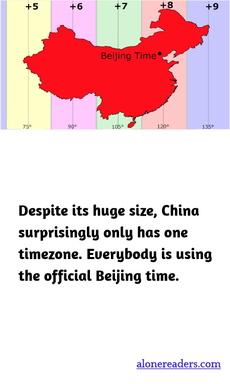 Despite its huge size, China surprisingly only has one timezone. Everybody is using the official Beijing time.