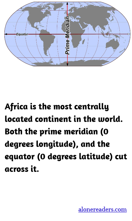 Africa is the most centrally located continent in the world. Both the prime meridian (0 degrees longitude), and the equator (0 degrees latitude) cut across it.