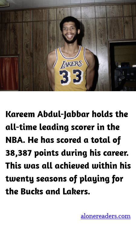 Kareem Abdul-Jabbar holds the all-time leading scorer in the NBA. He has scored a total of 38,387 points during his career. This was all achieved within his twenty seasons of playing for the Bucks and Lakers.