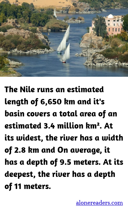 The Nile runs an estimated length of 6,650 km and it's basin covers a total area of an estimated 3.4 million km². At its widest, the river has a width of 2.8 km and On average, it has a depth of 9.5 meters. At its deepest, the river has a depth of 11 meters.