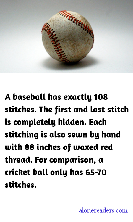 A baseball has exactly 108 stitches. The first and last stitch is completely hidden. Each stitching is also sewn by hand with 88 inches of waxed red thread. For comparison, a cricket ball only has 65-70 stitches.