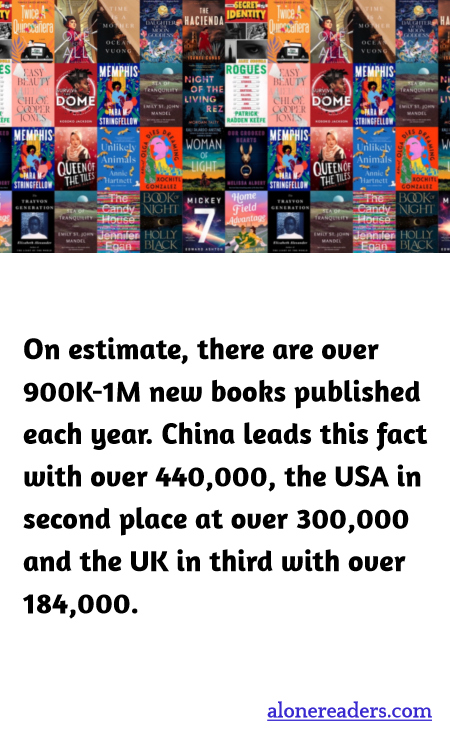 On estimate, there are over 900K-1M new books published each year. China leads this fact with over 440,000, the USA in second place at over 300,000 and the UK in third with over 184,000.