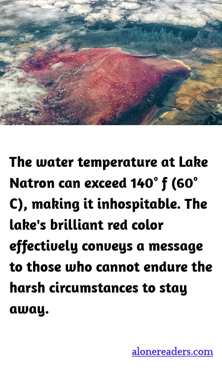 The water temperature at Lake Natron can exceed 140° f (60° C), making it inhospitable. The lake's brilliant red color effectively conveys a message to those who cannot endure the harsh circumstances to stay away.