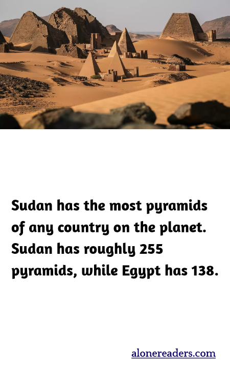 Sudan has the most pyramids of any country on the planet. Sudan has roughly 255 pyramids, while Egypt has 138.