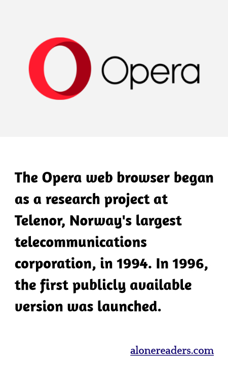 The Opera web browser began as a research project at Telenor, Norway's largest telecommunications corporation, in 1994. In 1996, the first publicly available version was launched.